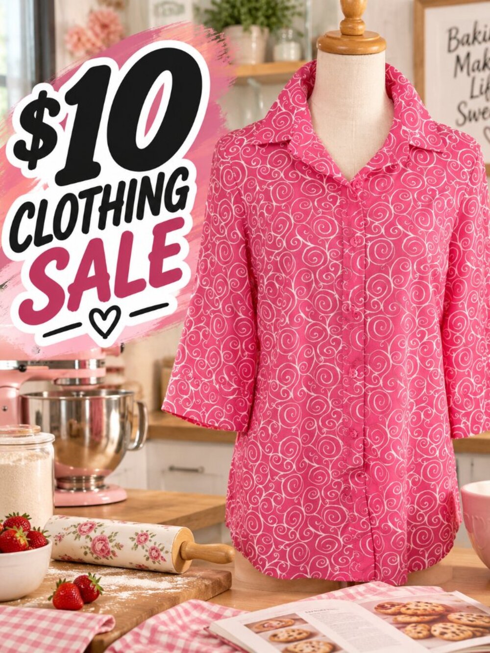 Pink White Swirl Button Front Blouse Top $10 Clothing Sale